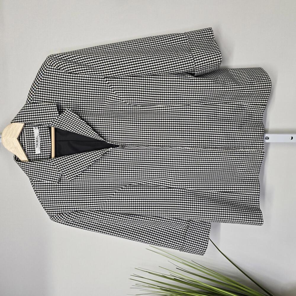 Tribal Womens Gingham Checkered Zip Front Stretch Blazer Jacket Black White 12